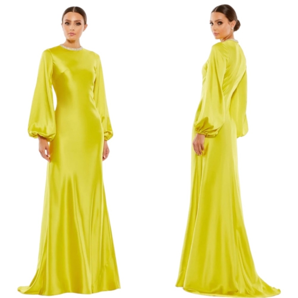 Ieena For Mac Duggal Satin Long Blouson Sleeve Evening Gown 26575 NWT SZ 12